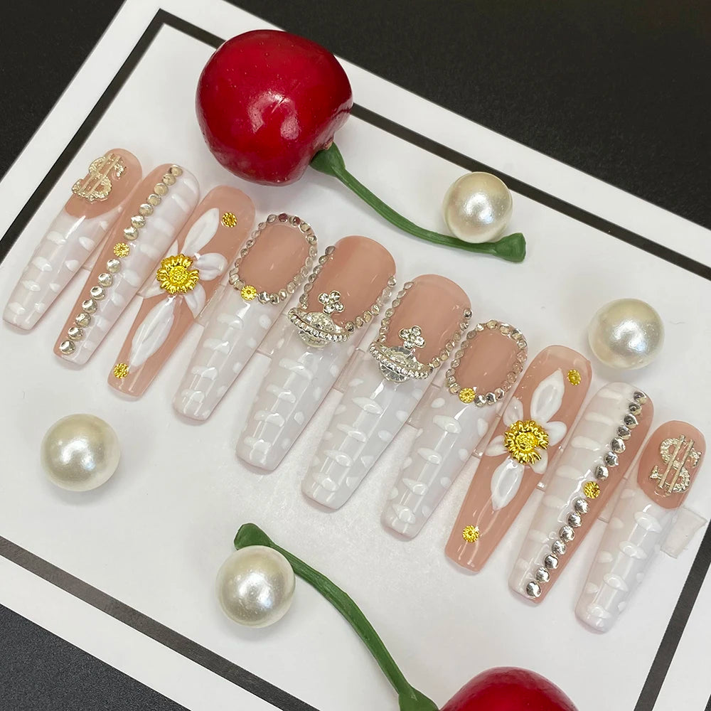Wholesale Best Quality Durable Acrylic Handmade False Press on Nails 10PCS Luxury Long Ballerina Artificial Fingernail with Glue