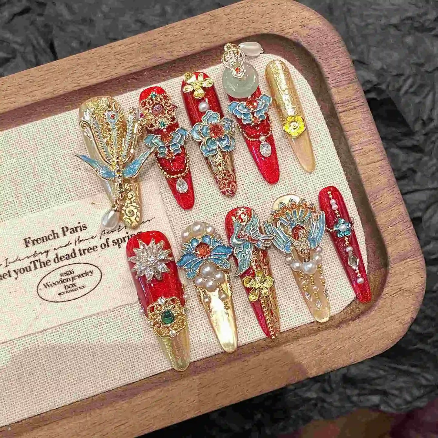 French Romantic Art Handmade butterfly Blue Rose Nail Art Piece Detachable Wearing Nails Press on Nails