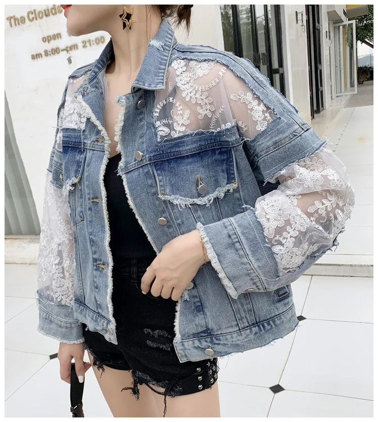 Pircilia Embroidery Lace Patchwork Denim Loose Jeans Coat