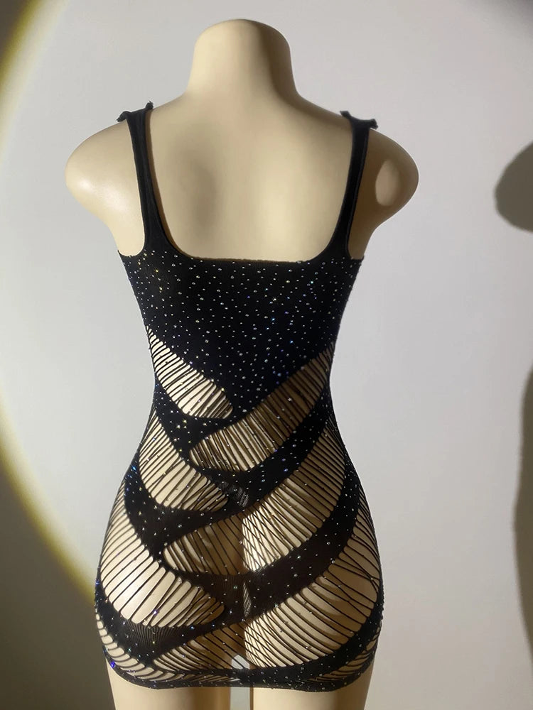 Hot Rhinestones Lingerie Diamond Fishnet Dress