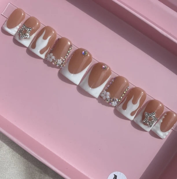 Exclusive Elegant French Design Private Label Short Matte Handmade Press Nails Fake Full Cover Rhinestone Acrylic Artificial