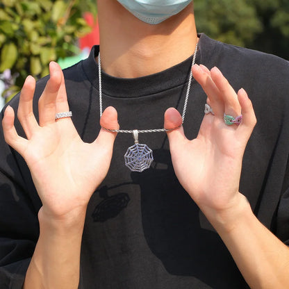 Claw Setting AAA+ CZ Stone Paved Bling Iced Out Spider Web Pendants Necklaces