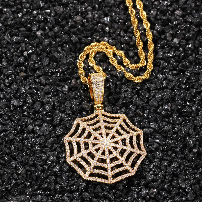 Claw Setting AAA+ CZ Stone Paved Bling Iced Out Spider Web Pendants Necklaces