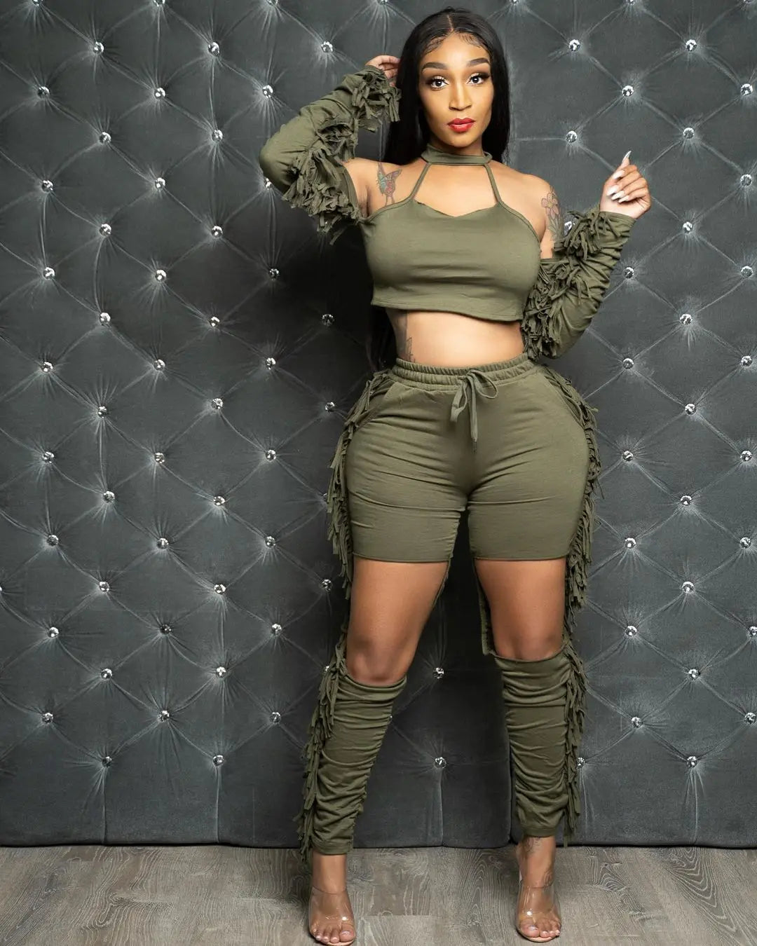 Fall Tassel Splicing Women's Set Draped Long Sleeve Crop Tops + Cut Out Pant Sets