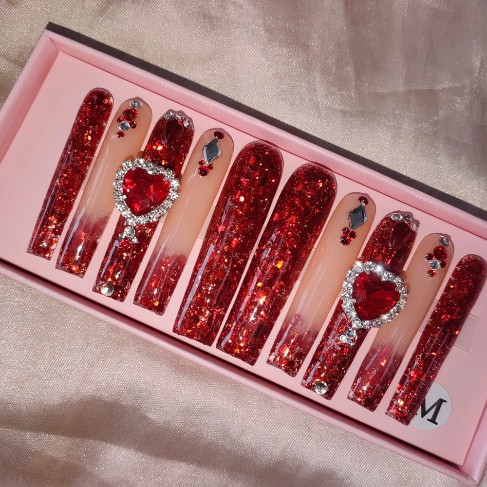 Wholesale Handmade Short Artificial Acrylic French Press Nails Luxury Coffin Style False Nail Tips Rhinestones for Fingers Salon