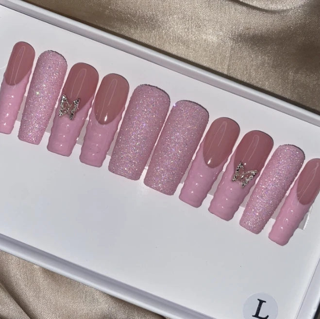 Exclusive Elegant French Design Private Label Short Matte Handmade Press Nails Fake Full Cover Rhinestone Acrylic Artificial