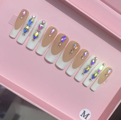 Exclusive Elegant French Design Private Label Short Matte Handmade Press Nails Fake Full Cover Rhinestone Acrylic Artificial