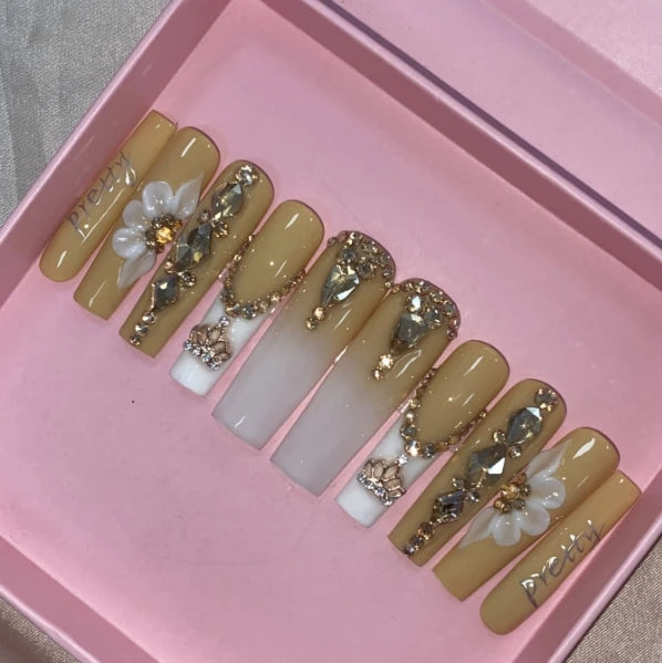 Exclusive Elegant French Design Private Label Short Matte Handmade Press Nails Fake Full Cover Rhinestone Acrylic Artificial