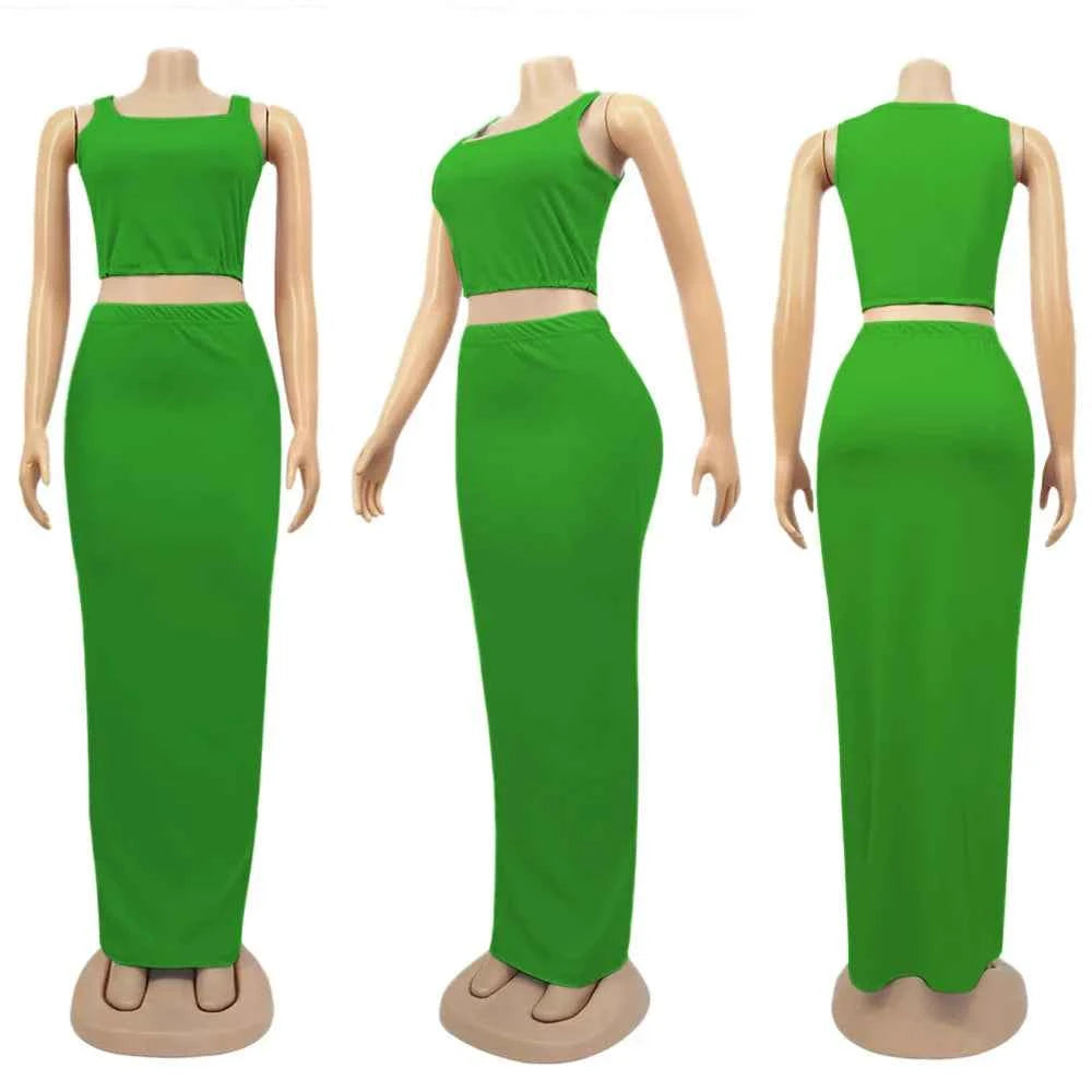 Solid Tank Cropped Top & Hips Enhancement Maxi Skirt Set (2pcs.)