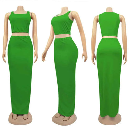 Solid Tank Cropped Top & Hips Enhancement Maxi Skirt Set (2pcs.)