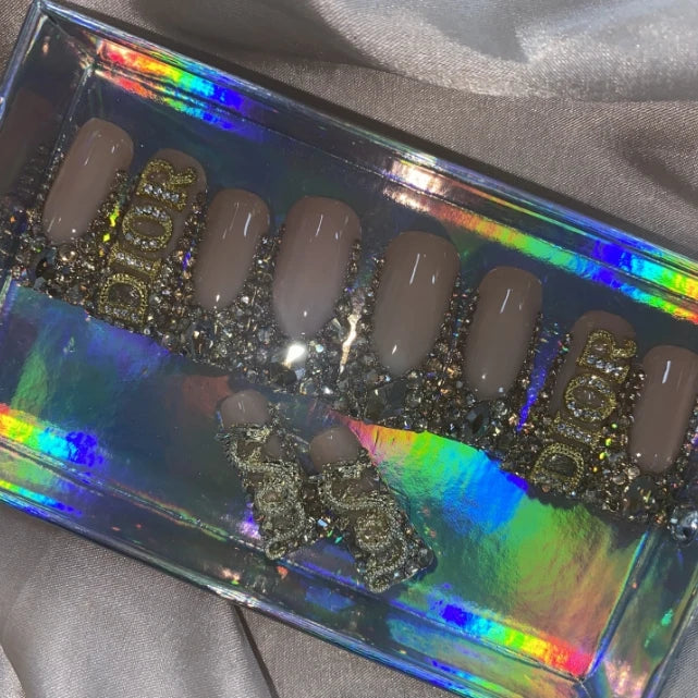 Exclusive Elegant French Design Private Label Short Matte Handmade Press Nails Fake Full Cover Rhinestone Acrylic Artificial