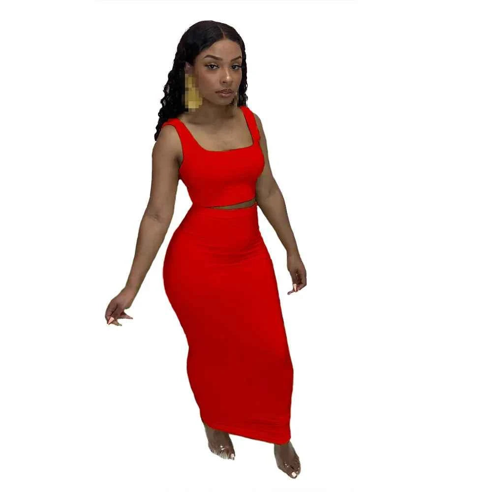 Solid Tank Cropped Top & Hips Enhancement Maxi Skirt Set (2pcs.)