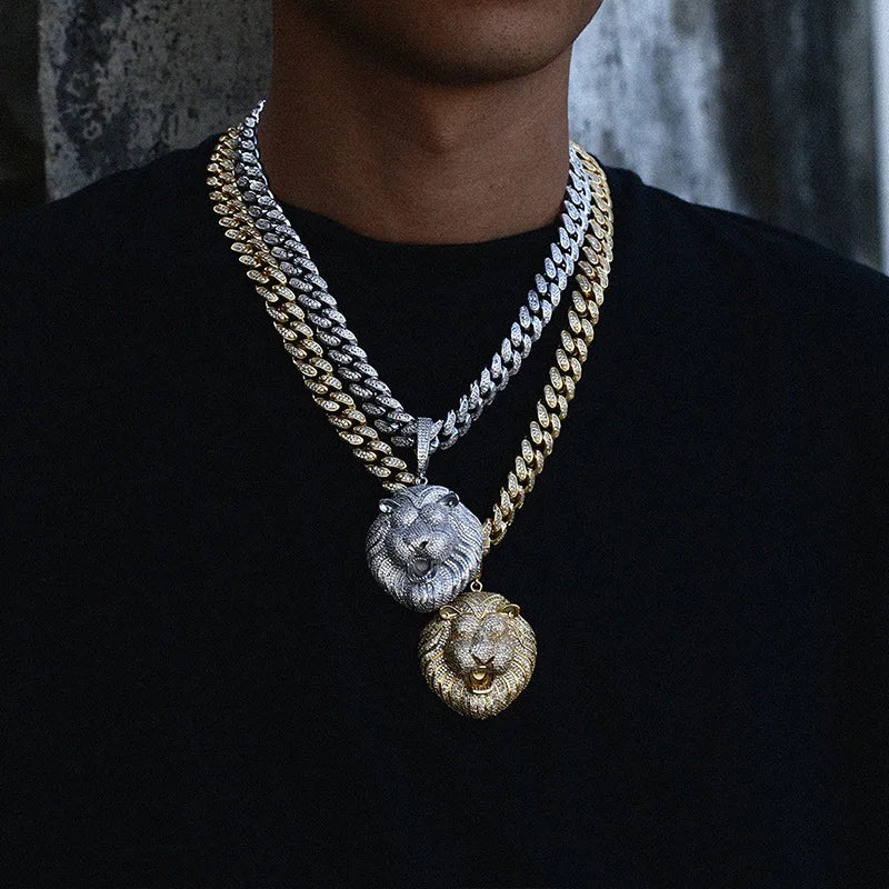 Prong Setting 3A+ CZ Stone Lion Pendants Necklace Jewelry (Gold Silver)