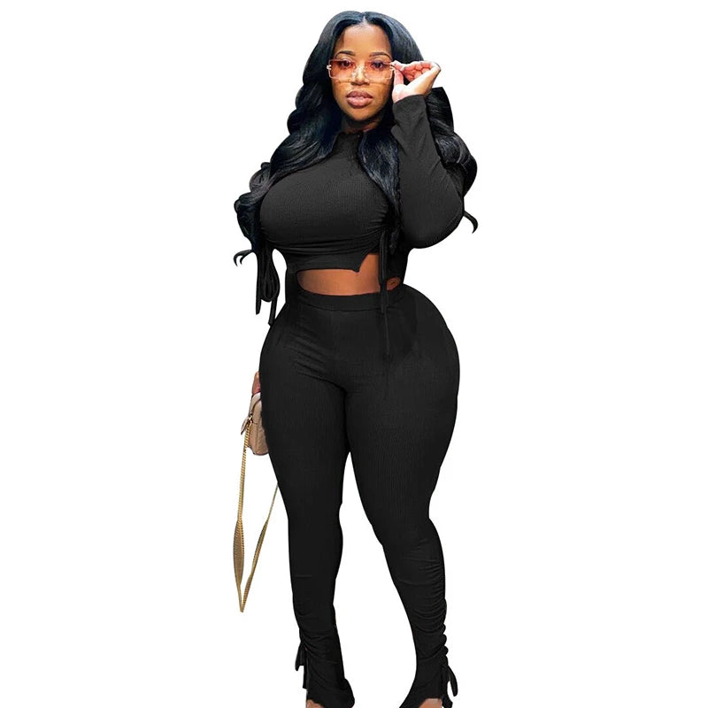 Sexy Plus Size Women Clothing Ribbed Long Sleeve Crop Top and Pants Sets Bodycon Ladies 2 Piece Outfits Wholesale Dropshipping