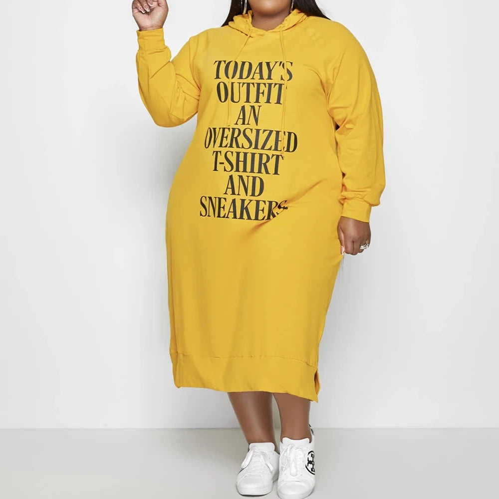 L-5xl Hoodies Letter Print Loose Dress Pockets Maxi Dresses