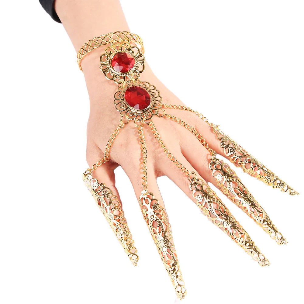 Indian Thai Golden Finger Bracelet /Shining Red Crystal Girl's Belly Dance Jewelry