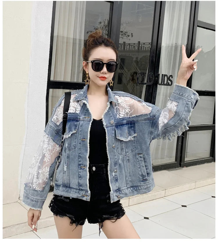 Pircilia Embroidery Lace Patchwork Denim Loose Jeans Coat