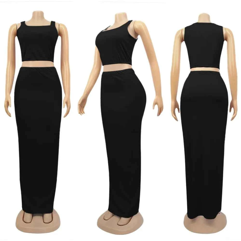 Solid Tank Cropped Top & Hips Enhancement Maxi Skirt Set (2pcs.)
