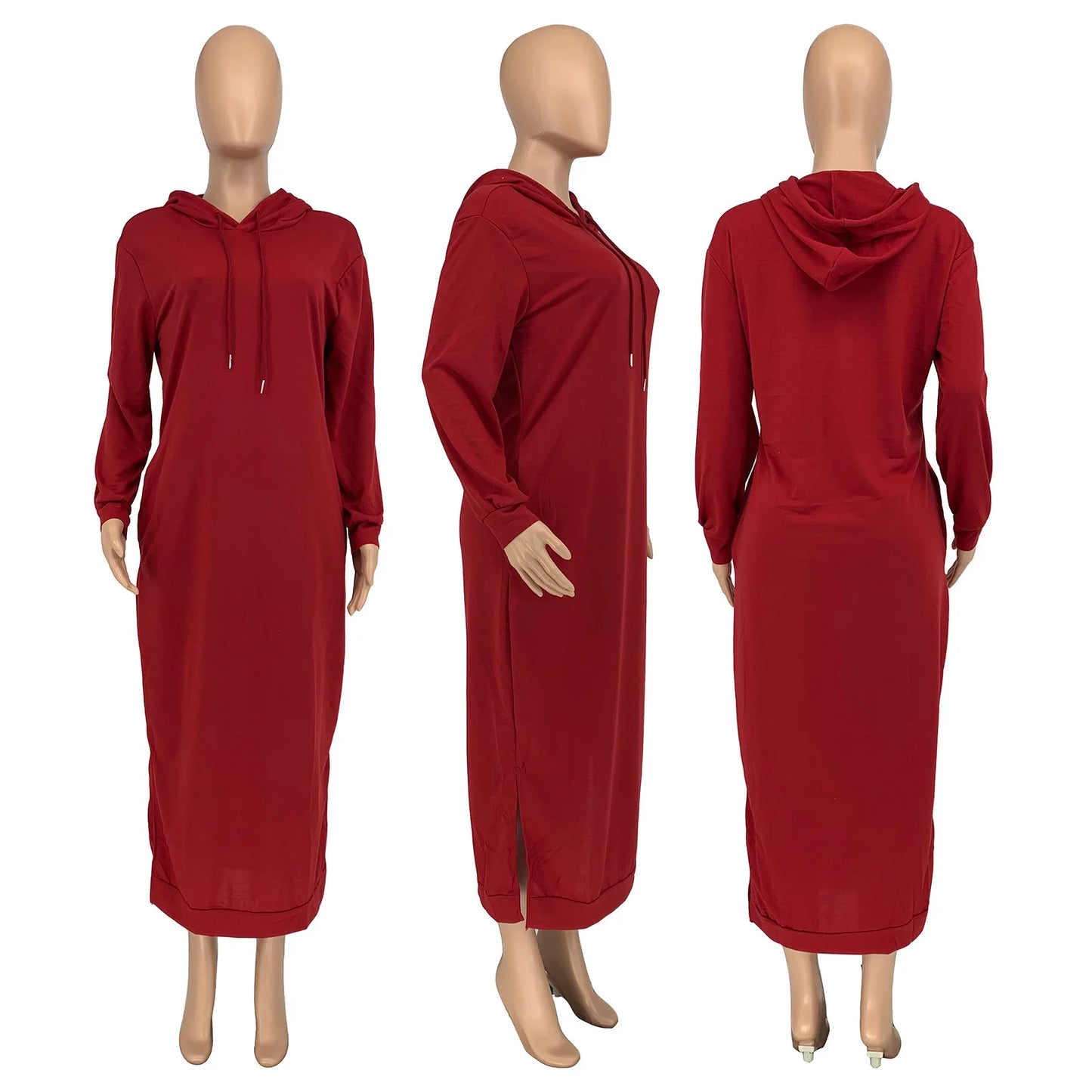 Monica Long Sleeve Hooded Solid Color Side Split Maxi Dress (Thermal)