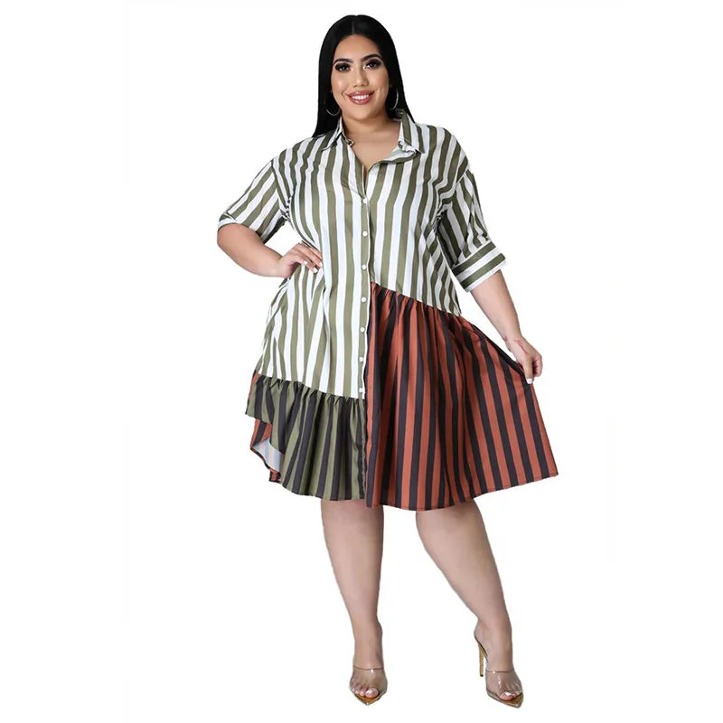 Streetwear Patchwork Striped Office Lady Shirts Midi Dresses