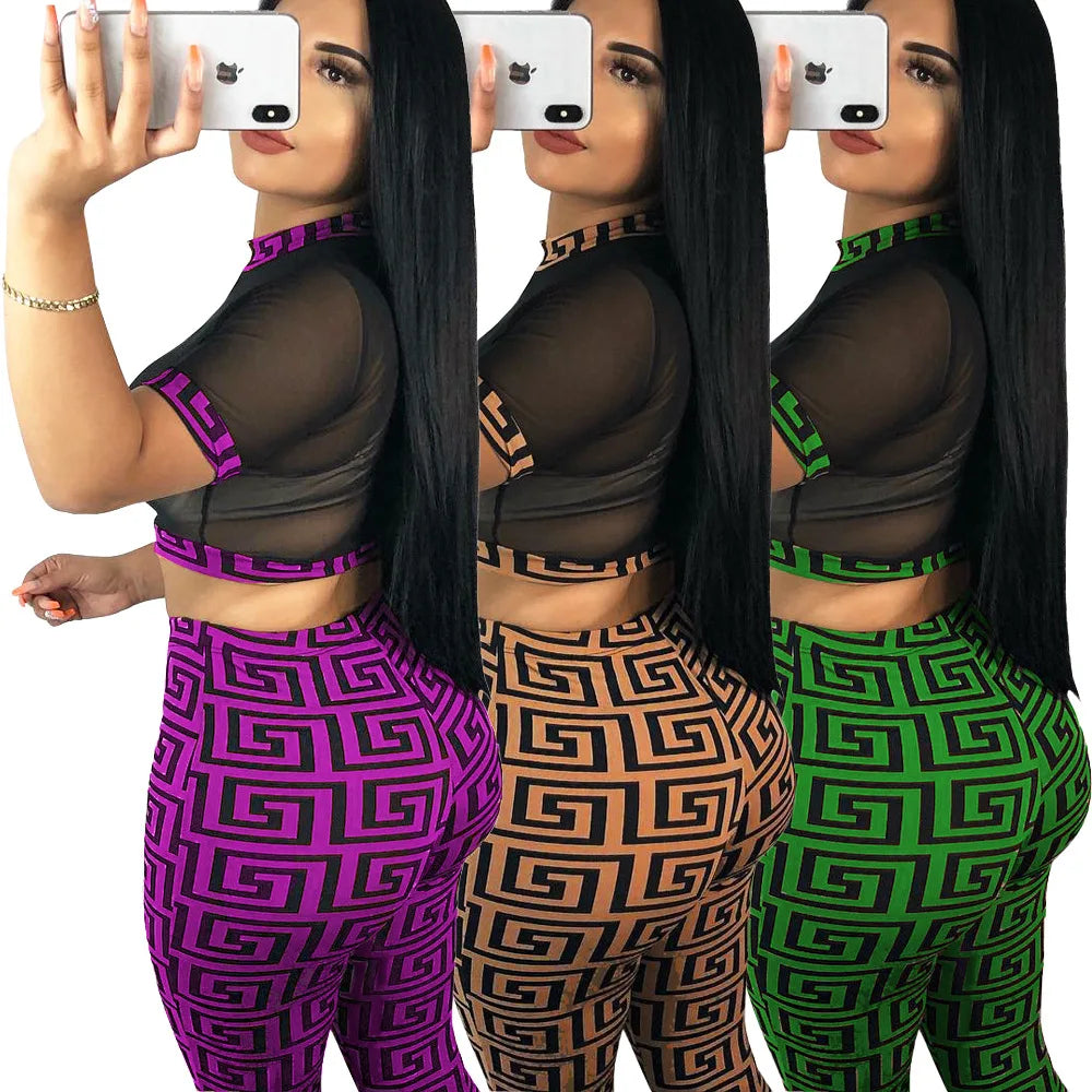 See through Sexy Two Piece Set Women Transparent Mesh Crop Top + Pencil Pants Sets
