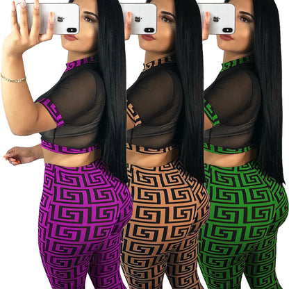 See through Sexy Two Piece Set Women Transparent Mesh Crop Top + Pencil Pants Sets
