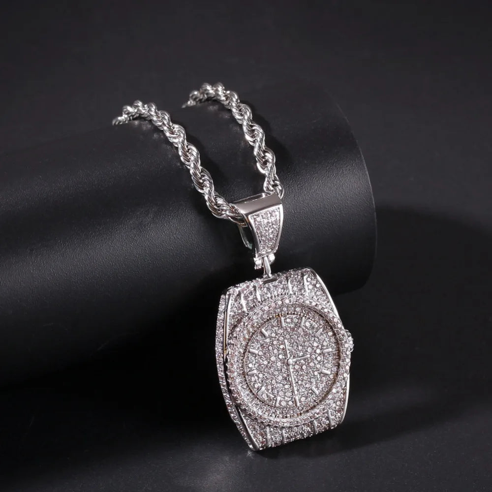 AAA CZ Stones Wristwatch Watch Shape Pendants Necklace Gold Color with Cuban Chain