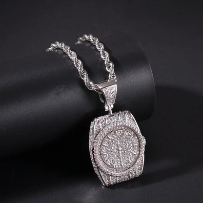 AAA CZ Stones Wristwatch Watch Shape Pendants Necklace Gold Color with Cuban Chain