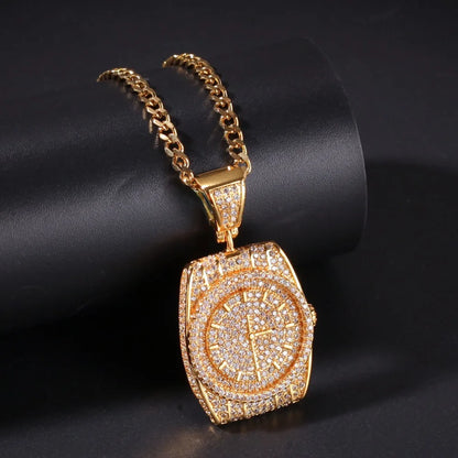 AAA CZ Stones Wristwatch Watch Shape Pendants Necklace Gold Color with Cuban Chain