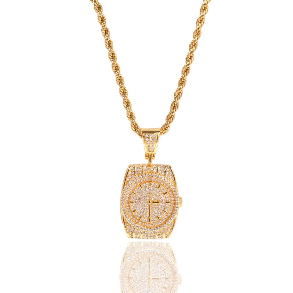 AAA CZ Stones Wristwatch Watch Shape Pendants Necklace Gold Color with Cuban Chain