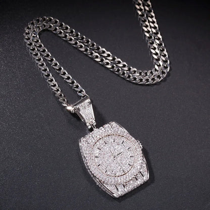 AAA CZ Stones Wristwatch Watch Shape Pendants Necklace Gold Color with Cuban Chain