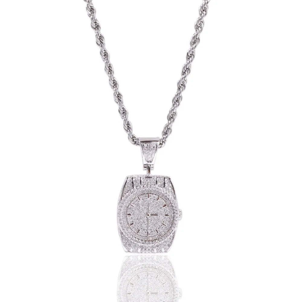 AAA CZ Stones Wristwatch Watch Shape Pendants Necklace Gold Color with Cuban Chain