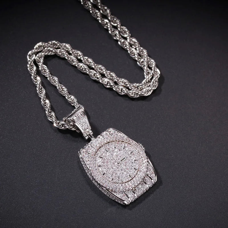 AAA CZ Stones Wristwatch Watch Shape Pendants Necklace Gold Color with Cuban Chain