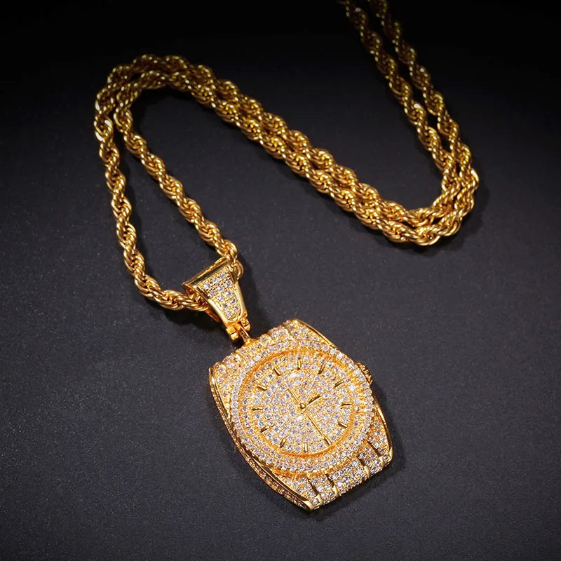 AAA CZ Stones Wristwatch Watch Shape Pendants Necklace Gold Color with Cuban Chain