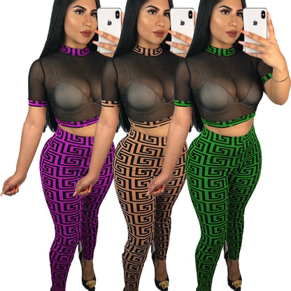 See through Sexy Two Piece Set Women Transparent Mesh Crop Top + Pencil Pants Sets