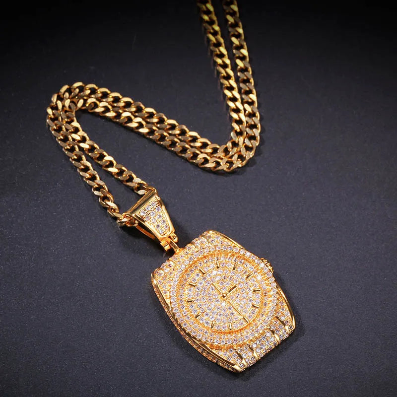 AAA CZ Stones Wristwatch Watch Shape Pendants Necklace Gold Color with Cuban Chain