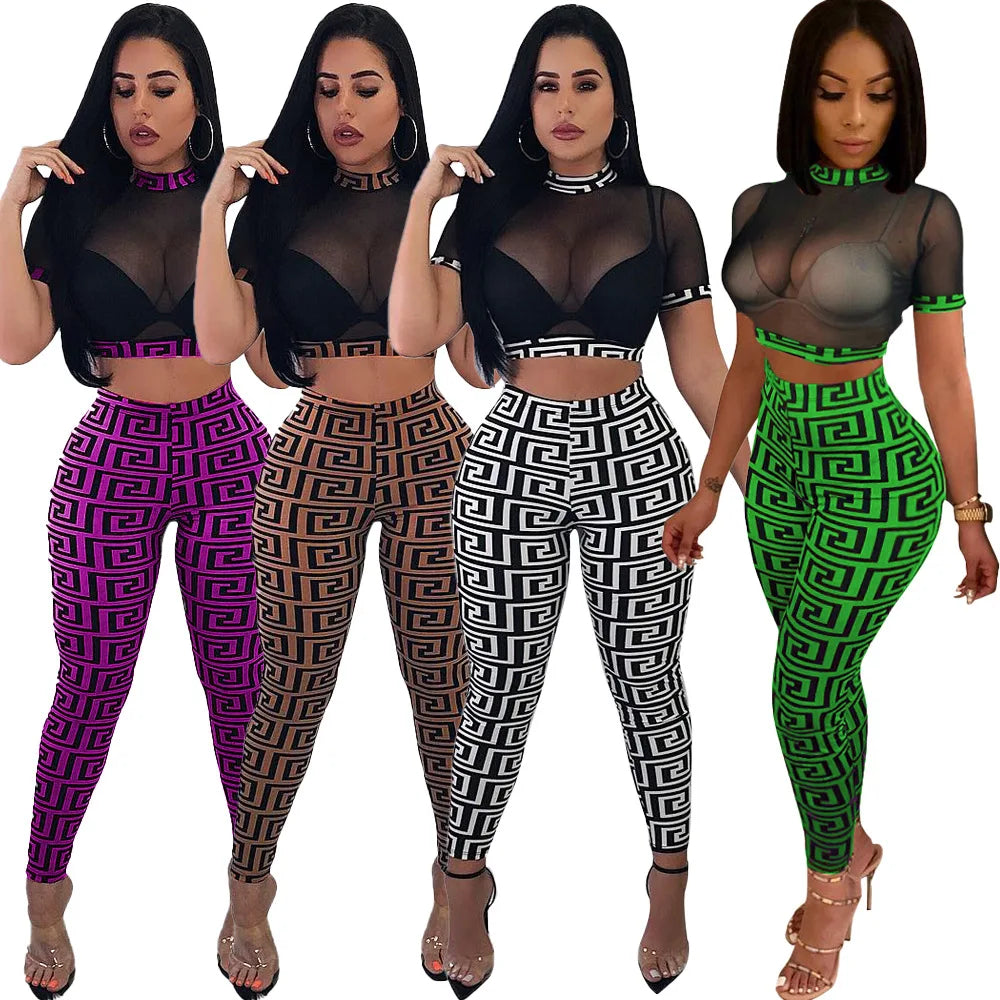 See through Sexy Two Piece Set Women Transparent Mesh Crop Top + Pencil Pants Sets