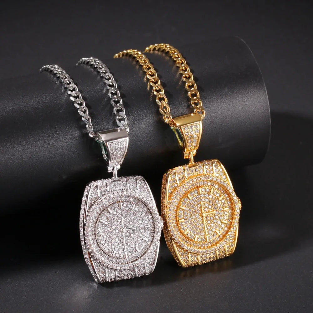 AAA CZ Stones Wristwatch Watch Shape Pendants Necklace Gold Color with Cuban Chain