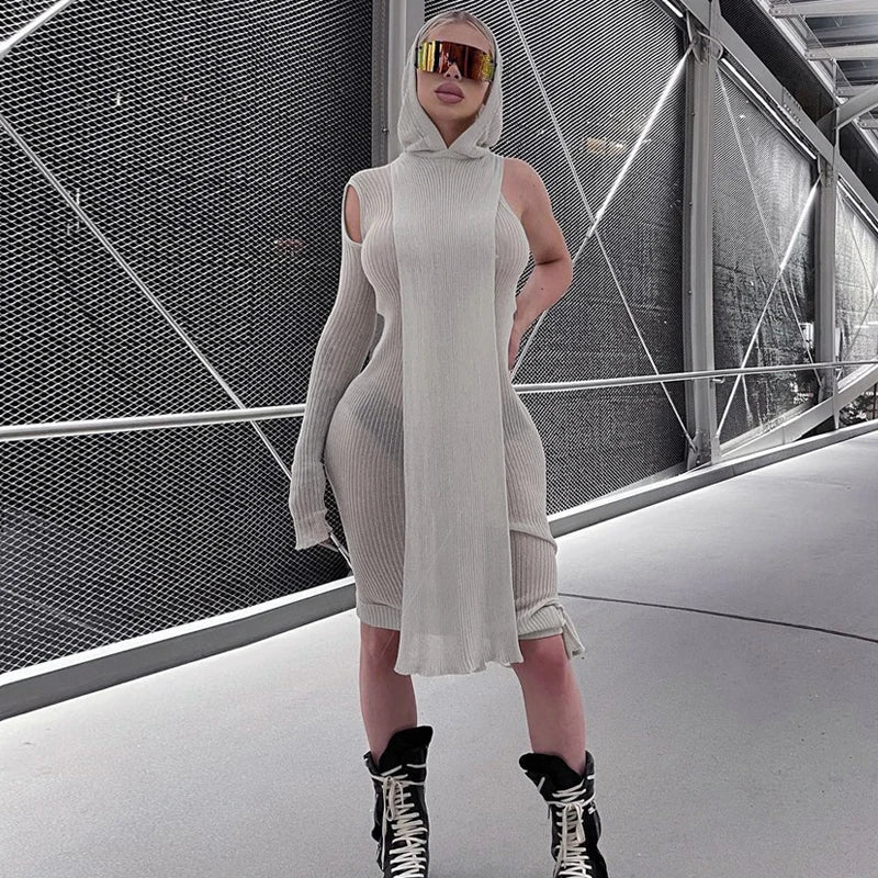 Ribbed Hooded One Sleeve Knit Asymmetric Midi Dresses Baddie Clothes