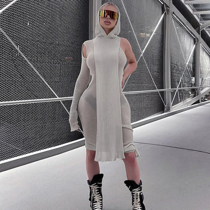 Ribbed Hooded One Sleeve Knit Asymmetric Midi Dresses Baddie Clothes