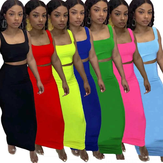 Solid Tank Cropped Top & Hips Enhancement Maxi Skirt Set (2pcs.)