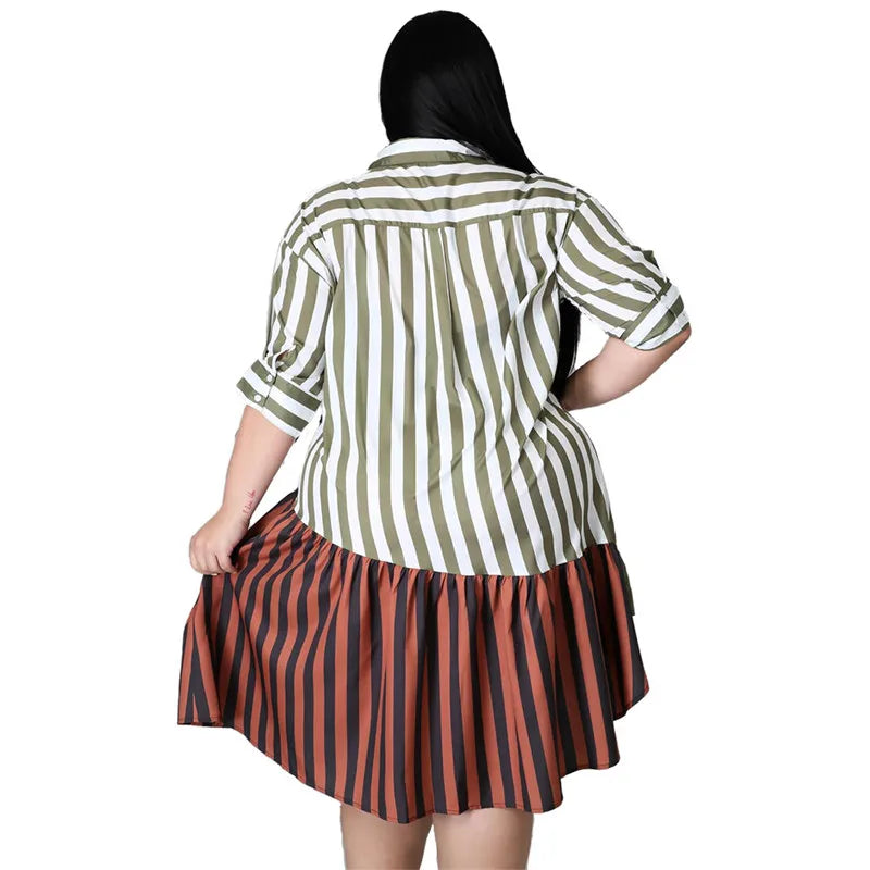 Streetwear Patchwork Striped Office Lady Shirts Midi Dresses