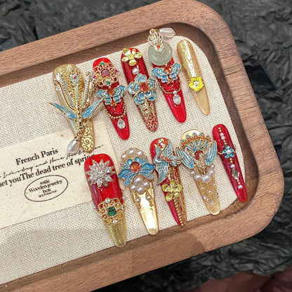 French Romantic Art Handmade butterfly Blue Rose Nail Art Piece Detachable Wearing Nails Press on Nails