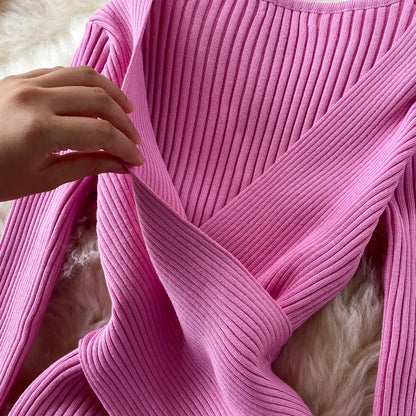 Chic Solid Color Slim Waist Sweater Knit Dresses