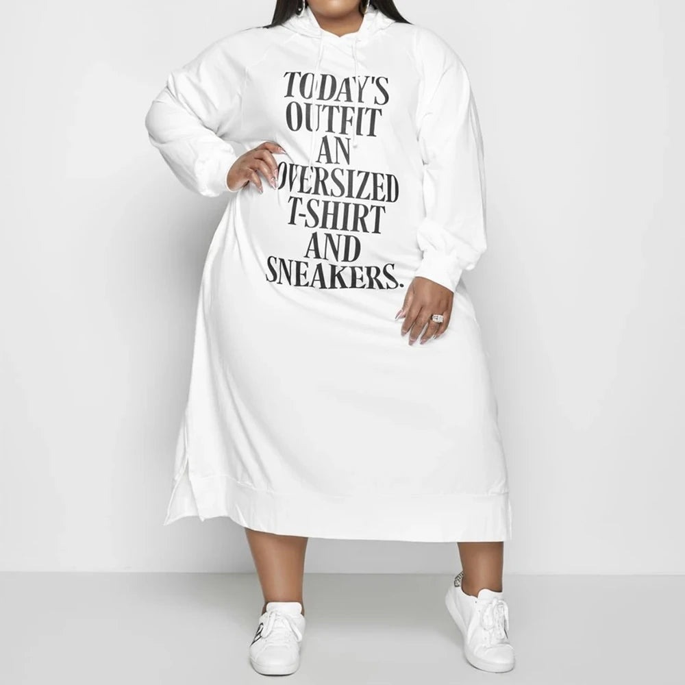 L-5xl Hoodies Letter Print Loose Dress Pockets Maxi Dresses