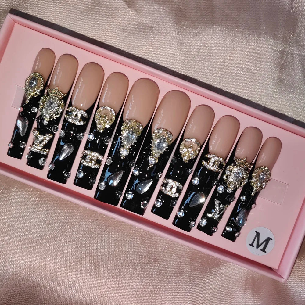 Wholesale Handmade Short Artificial Acrylic French Press Nails Luxury Coffin Style False Nail Tips Rhinestones for Fingers Salon