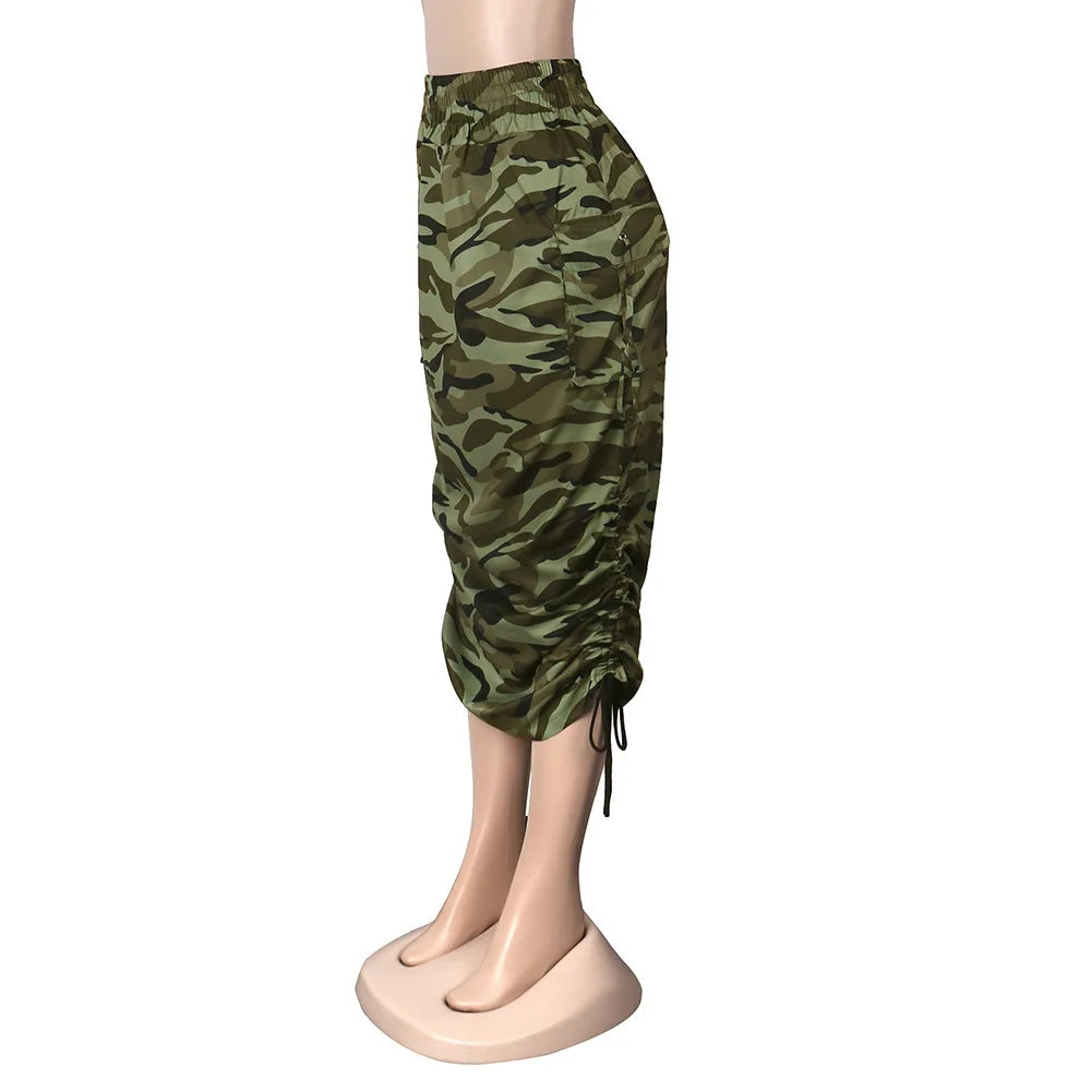 Conye Drawstring Ruched High Waist Midi Skirts (Camouflage/Newspaper)