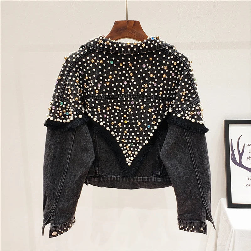 Gracie Hand-studded Pearls Punk Loose Short Jeans Coats