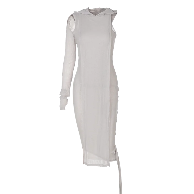 Ribbed Hooded One Sleeve Knit Asymmetric Midi Dresses Baddie Clothes