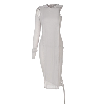 Ribbed Hooded One Sleeve Knit Asymmetric Midi Dresses Baddie Clothes